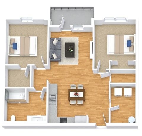 Floor plan for 2 beds, 1 bath, 839 sqft